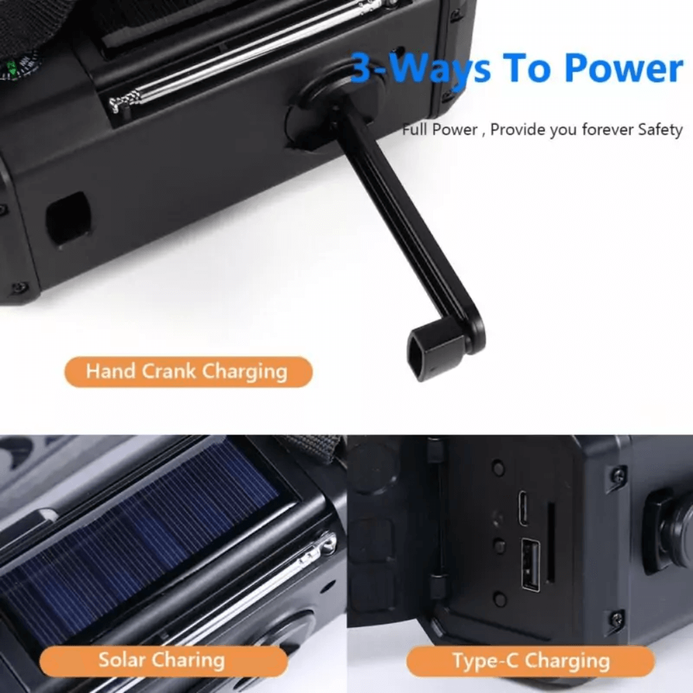 10,000mAh Emergency Radio – Solar, Hand Crank & Power Bank in One