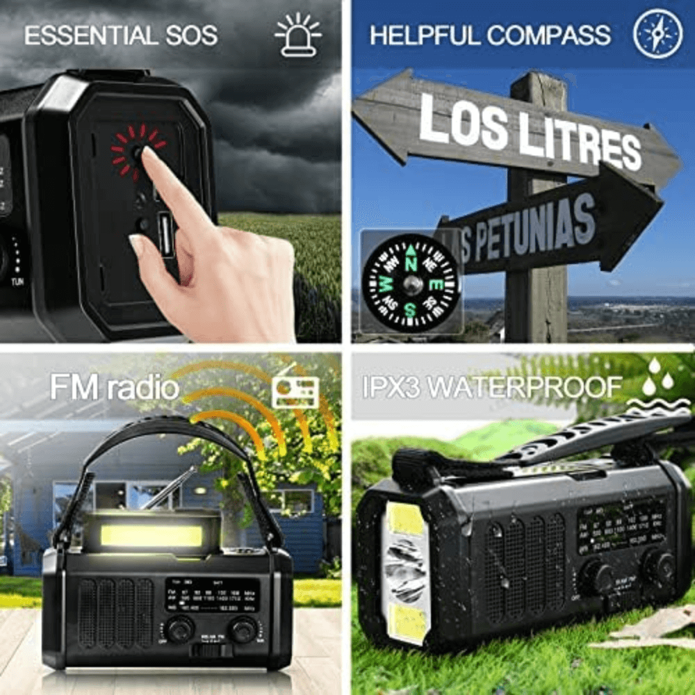 10,000mAh Emergency Radio – Solar, Hand Crank & Power Bank in One