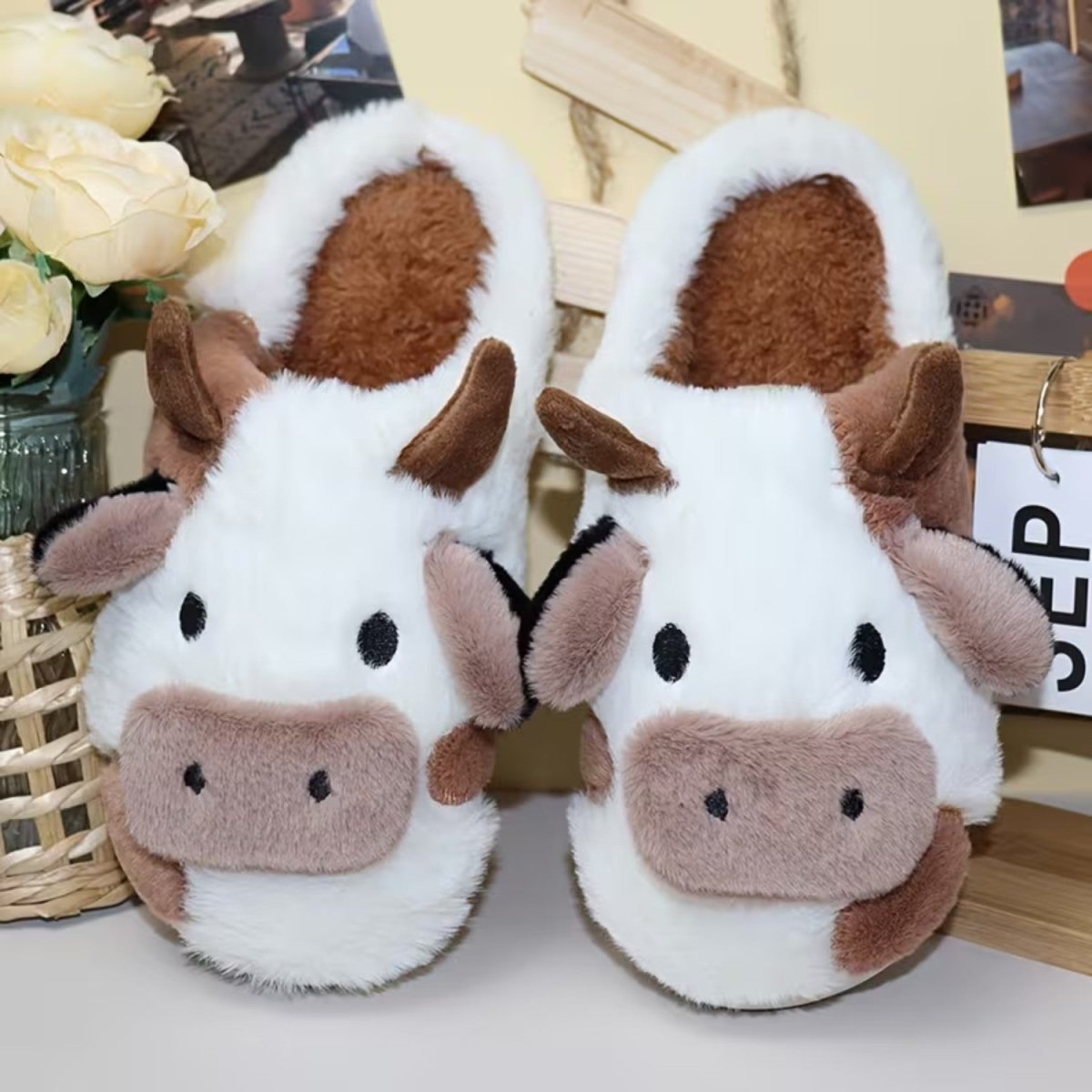 Cute Cow Plush Slippers for Women