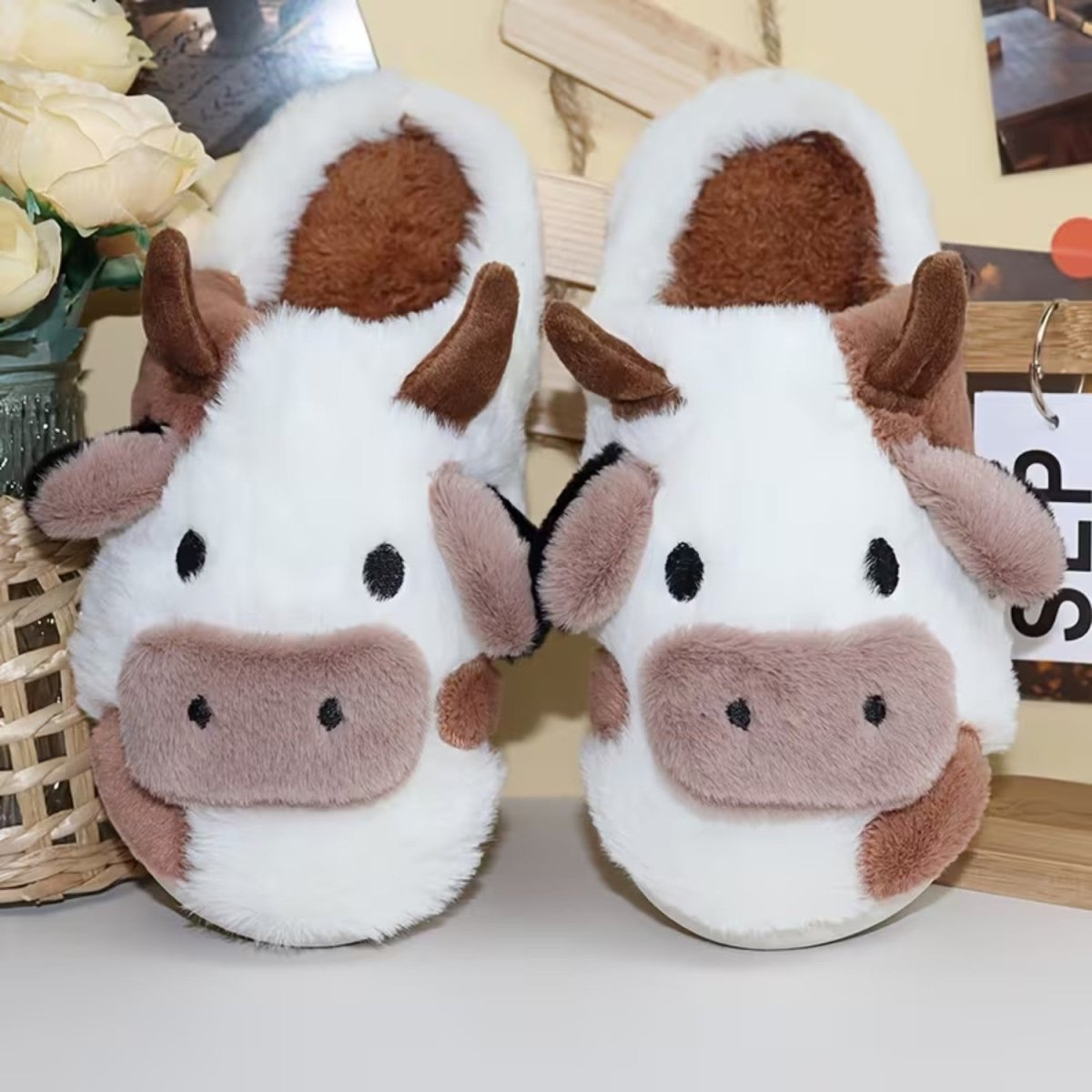 Cute Cow Plush Slippers for Women