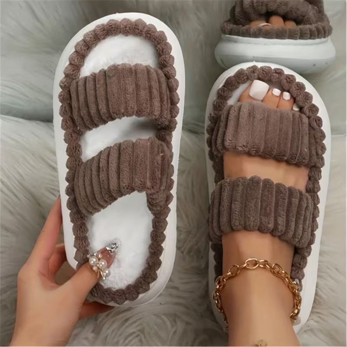 Double Straps Plush Slippers for Women