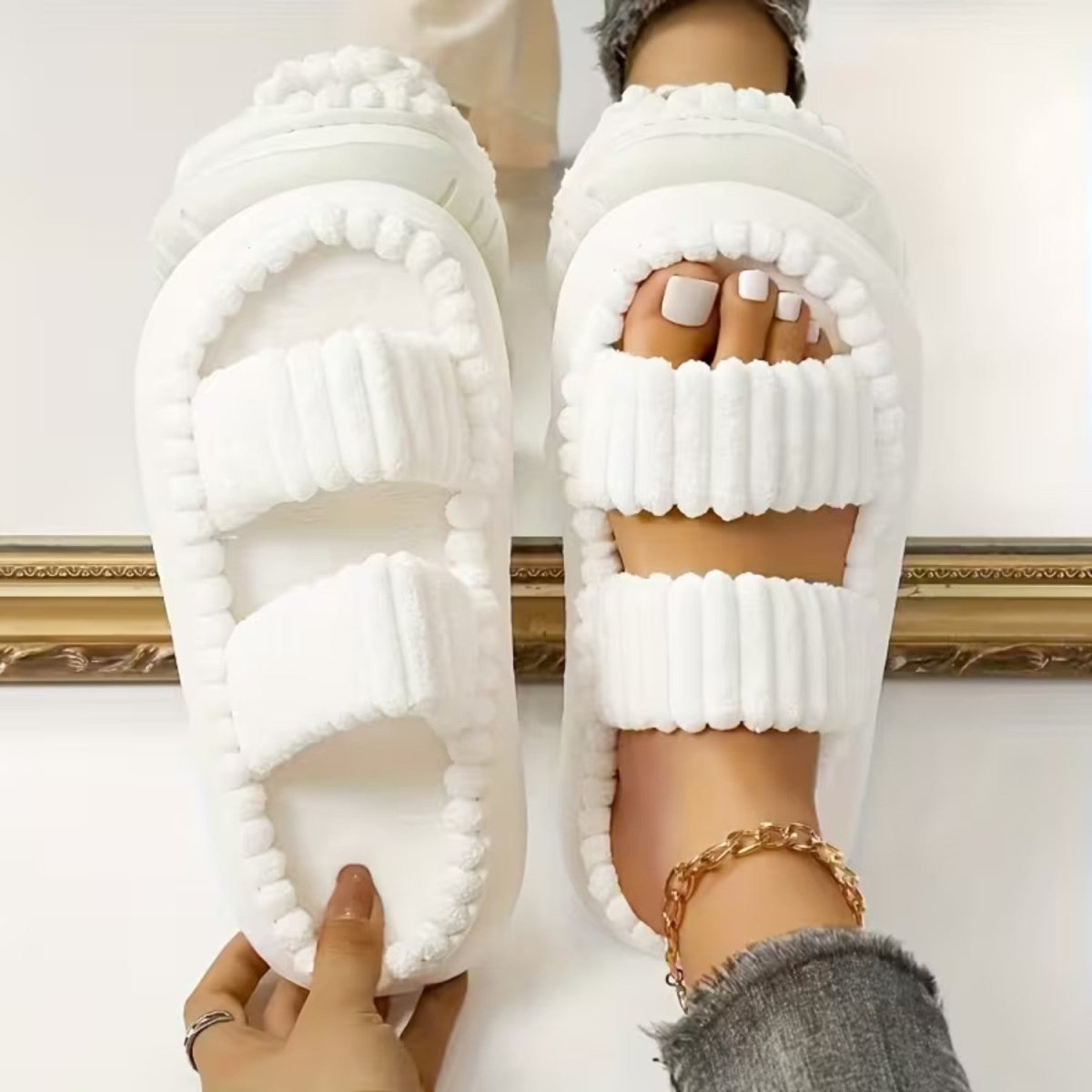 Double Straps Plush Slippers for Women