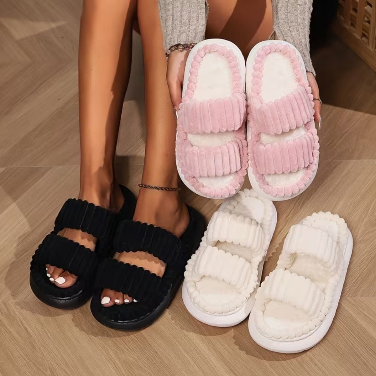 Double Straps Plush Slippers for Women