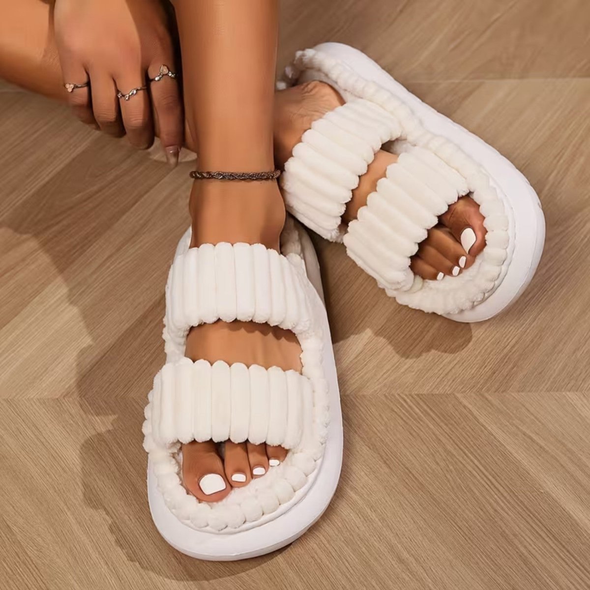 Double Straps Plush Slippers for Women