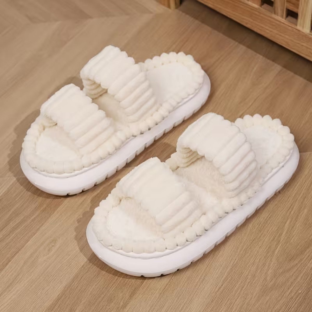 Double Straps Plush Slippers for Women