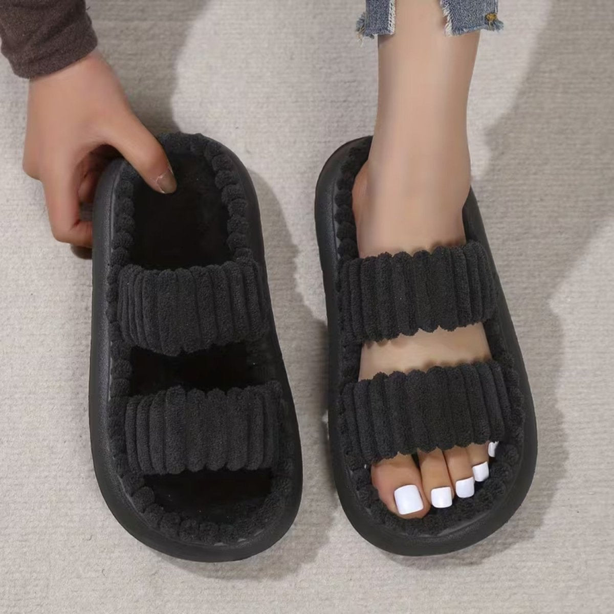 Double Straps Plush Slippers for Women