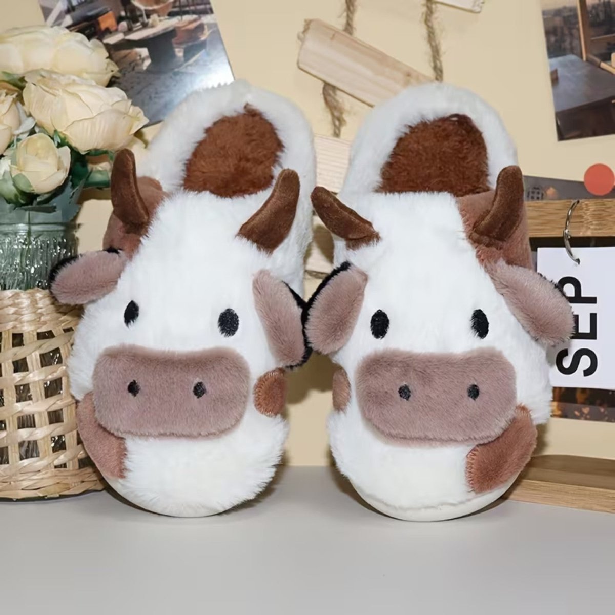 Cute Cow Plush Slippers for Women