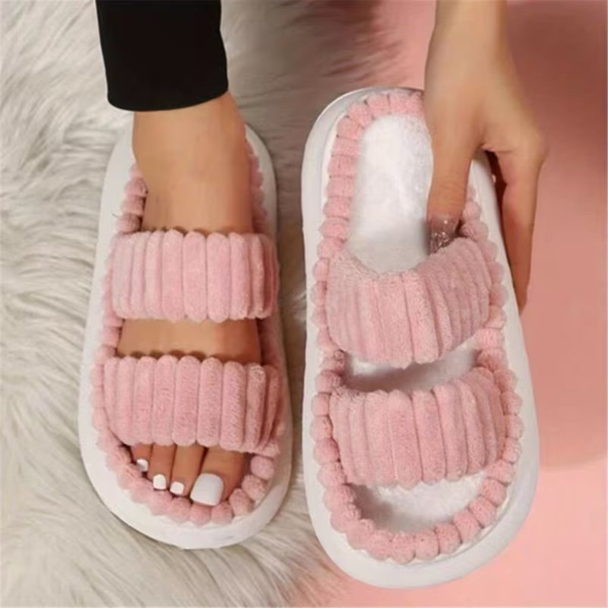Double Straps Plush Slippers for Women