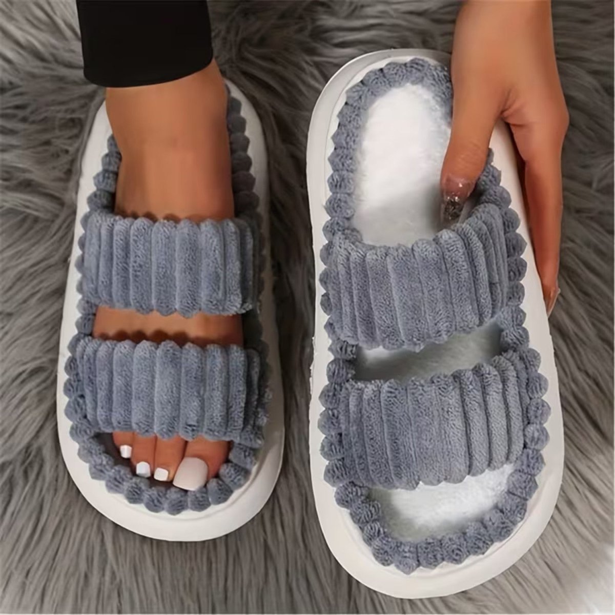 Double Straps Plush Slippers for Women