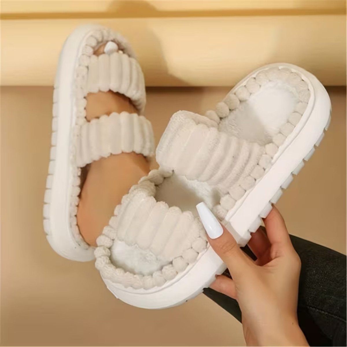 Double Straps Plush Slippers for Women