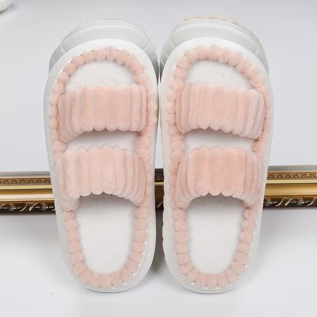 Double Straps Plush Slippers for Women