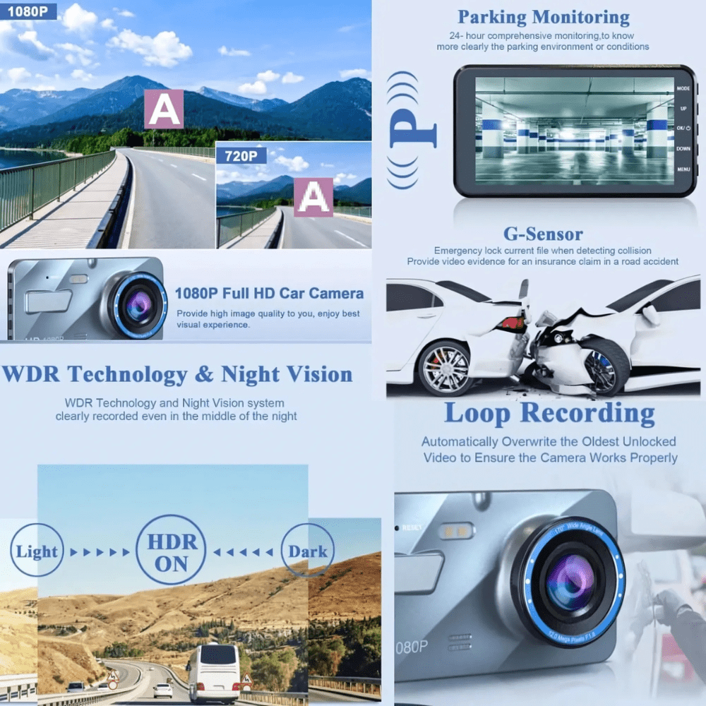 Front & Rear Dash Cam with Night Vision – 1080P HD Recording